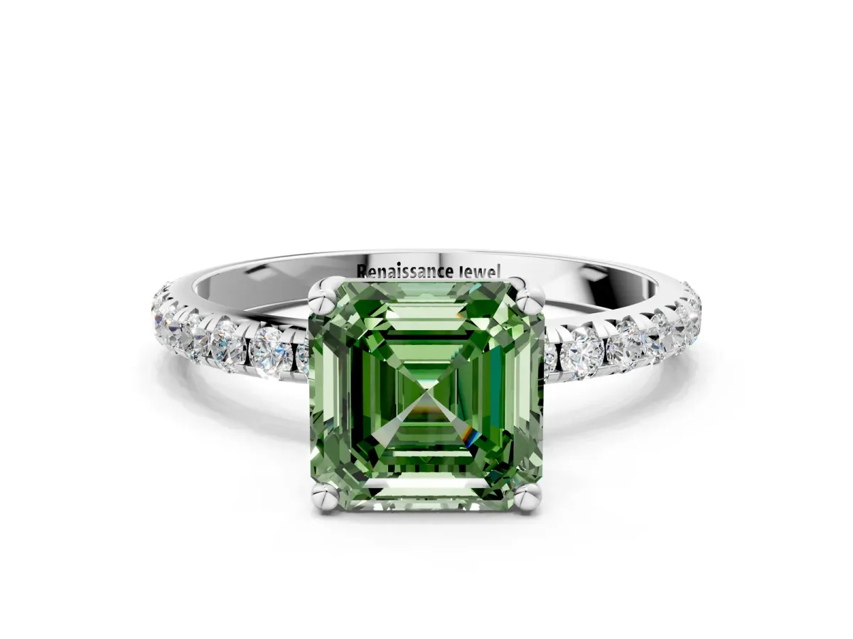 Fancy Green Asscher Cut Cut Diamond Solitaire Ring with Micro Pave Band and Four Prong Setting Platinum