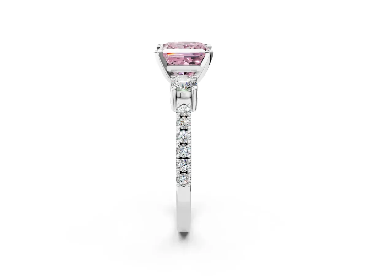 Fancy Pink Princess Cut Cut Three-Stone Diamond Pavé Band with Prong Setting Platinum