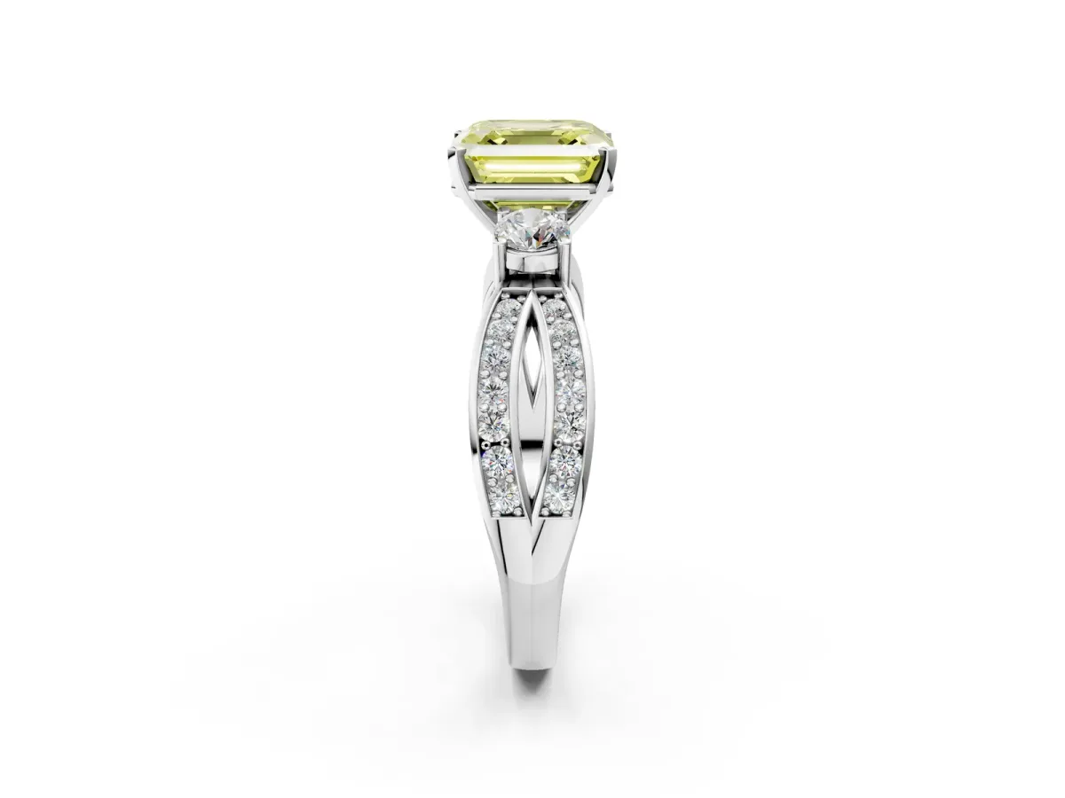 Fancy Yellow Three-Stone Asscher Cut Cut Diamond Twist Band with Prong Setting Platinum