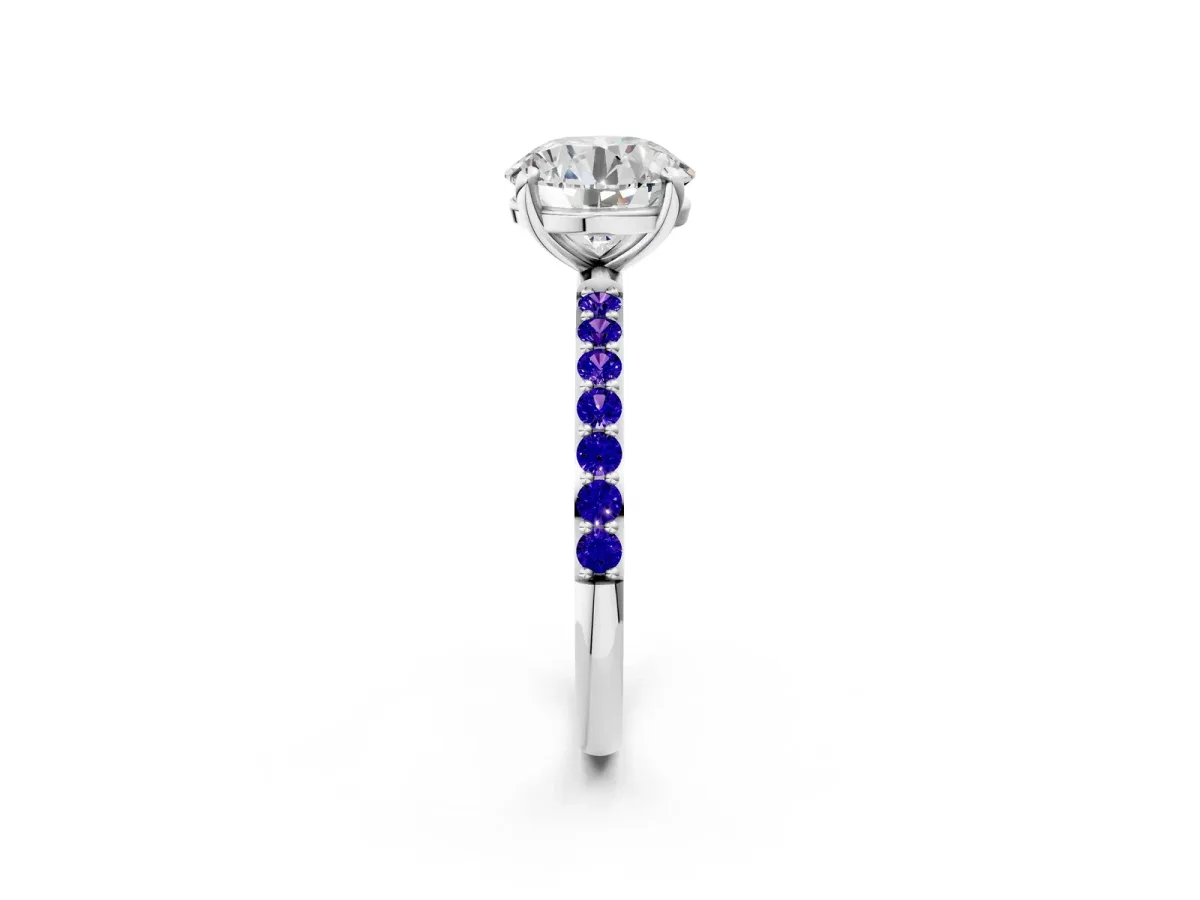 Round Cut Diamond Solitaire Ring with Round Tanzanite Pavé Band and Prong Setting Silver