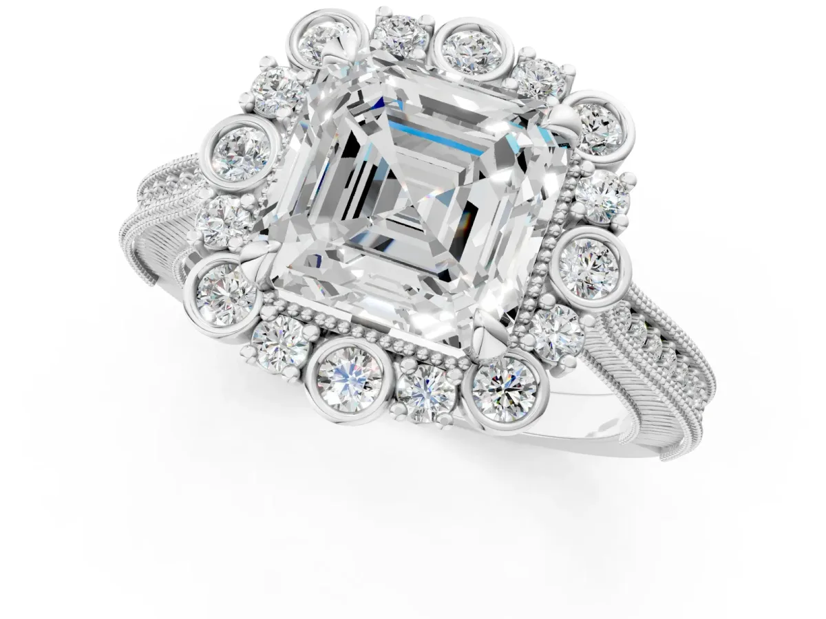 Asscher Cut Halo Milgrain Pave Diamond Ring with Four-Prong Setting Platinum