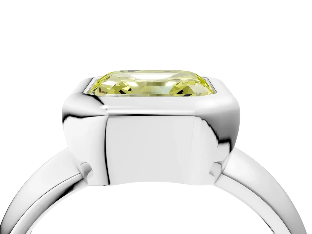 Fancy Yellow Bezel Set Asscher Cut Solitaire Ring with Wide Band Platinum