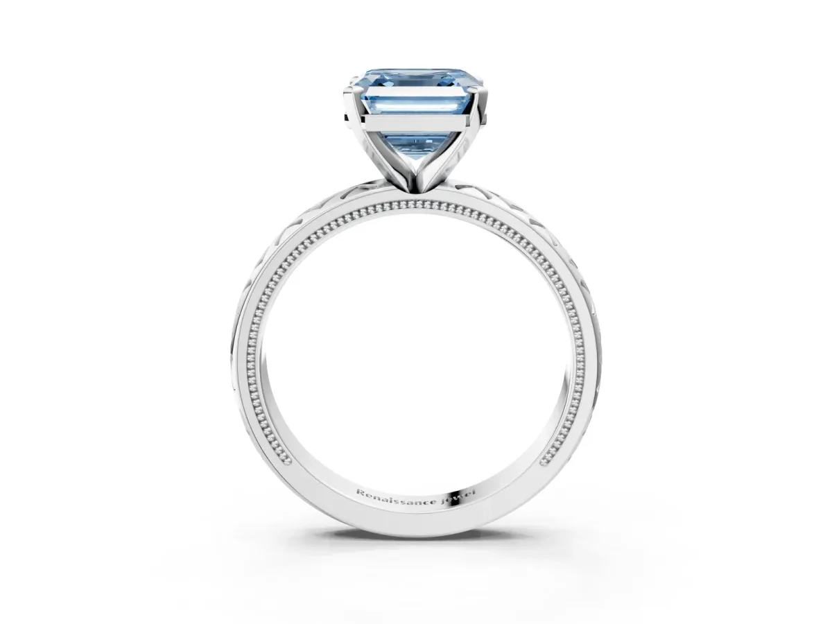 Fancy Blue Asscher Cut Solitaire Diamond Ring with Milgrain and Black Enamel X Pattern Band Platinum