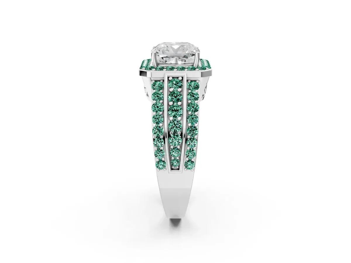 Cushion Cut Halo Diamond Ring with Round Green Sapphire Split Shank and Prong Setting Silver