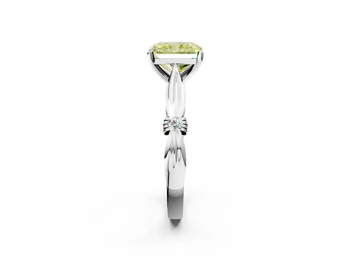 Fancy Yellow Radiant Cut Solitaire Diamond Twisted Band with Four-Prong Setting Platinum