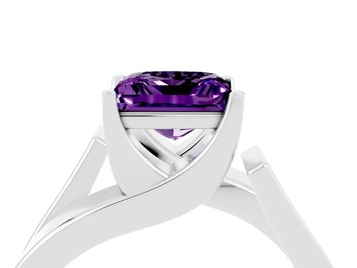 Modern Tension Set Princess Cut Amethyst Solitaire Wide Band Ring Silver