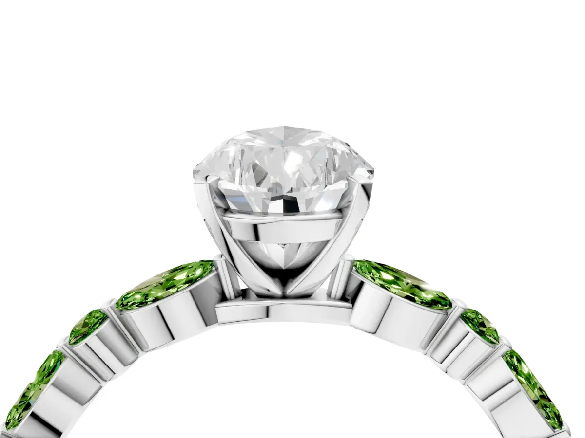 Pear Cut Diamond Ring with Marquise and Round Peridot Side Stones and Four-Prong Setting Silver