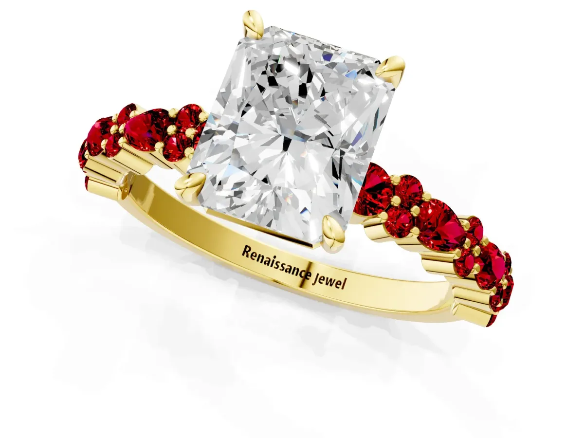 Radiant Cut Diamond Side Stone Solitaire Ring with Round Ruby and Four-Prong Setting Yellow gold