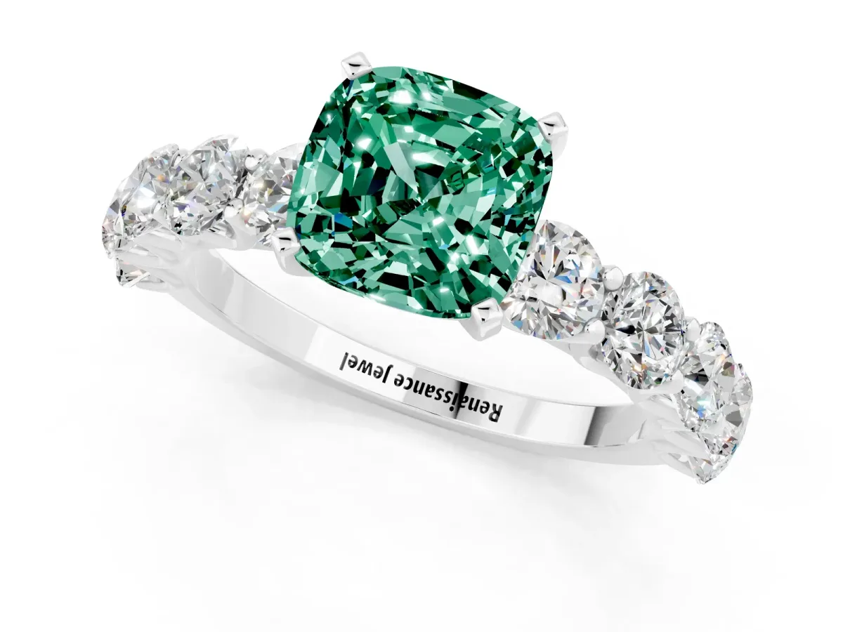 Cushion Cut Green Sapphire Prong Setting with Side Stones on a Pave Band Silver