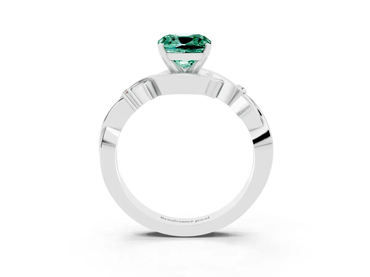 Cushion Cut Green Sapphire Solitaire Ring with Twisted Band and Prong Setting Silver
