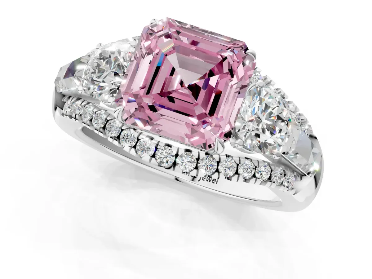 Fancy Pink Three-Stone Asscher Cut Diamond Engagement Ring with Pave Band and Prong Setting Platinum