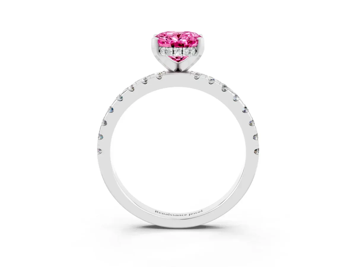Oval Cut Pink Sapphire Solitaire Ring with Round Pavé Band and Four-Prong Setting Silver