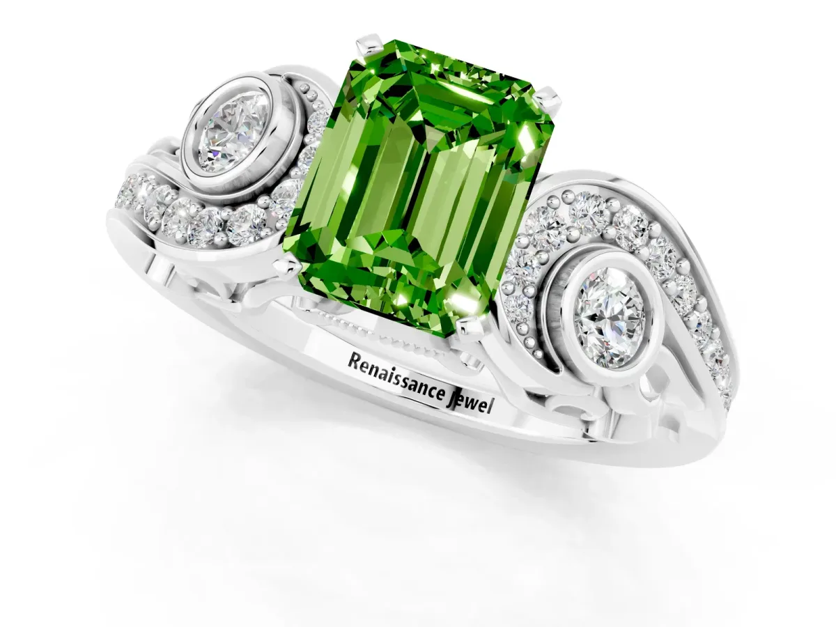 Emerald Cut Peridot Solitaire Ring with Milgrain Pavé Band and Four-Prong Setting Silver