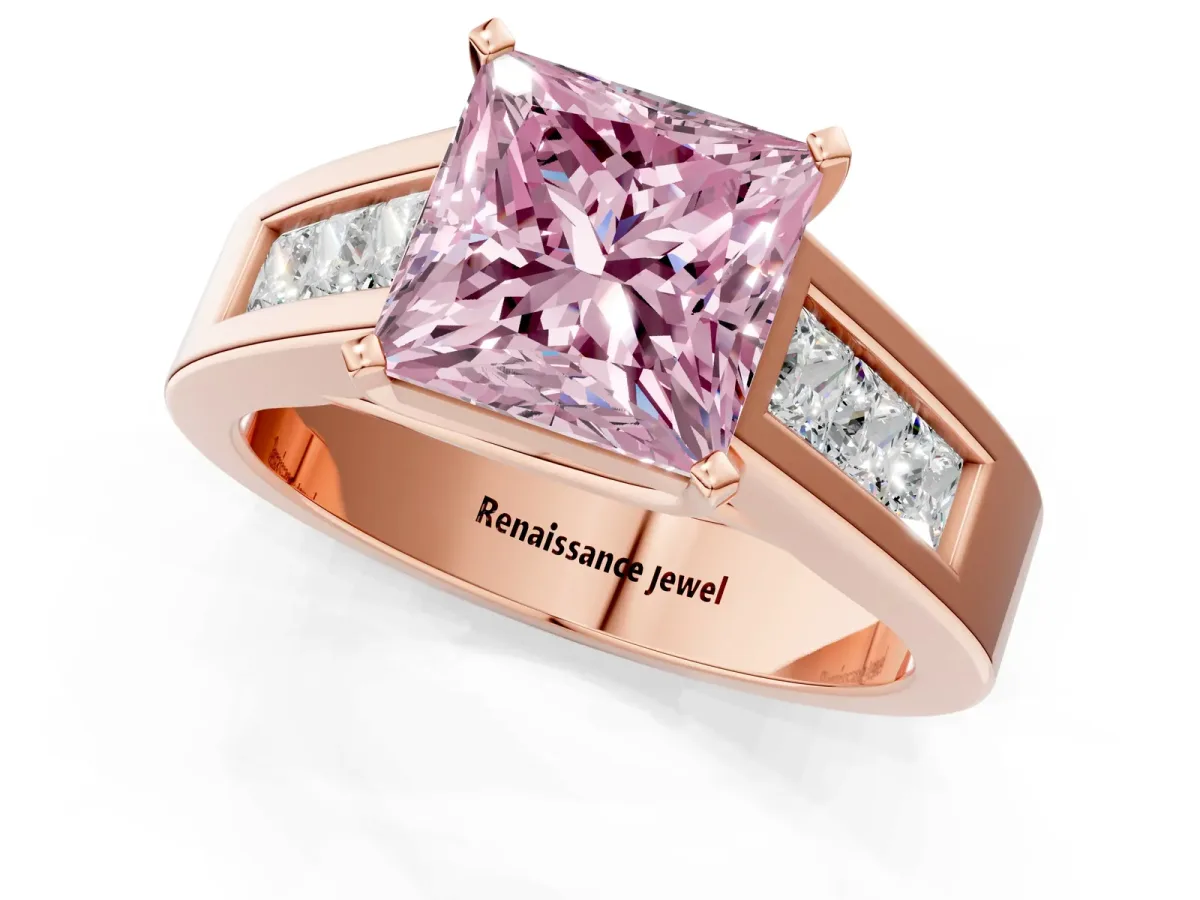 Fancy Pink Princess Cut Cut Channel Set Solitaire Ring with Four-Prong Setting Rose gold