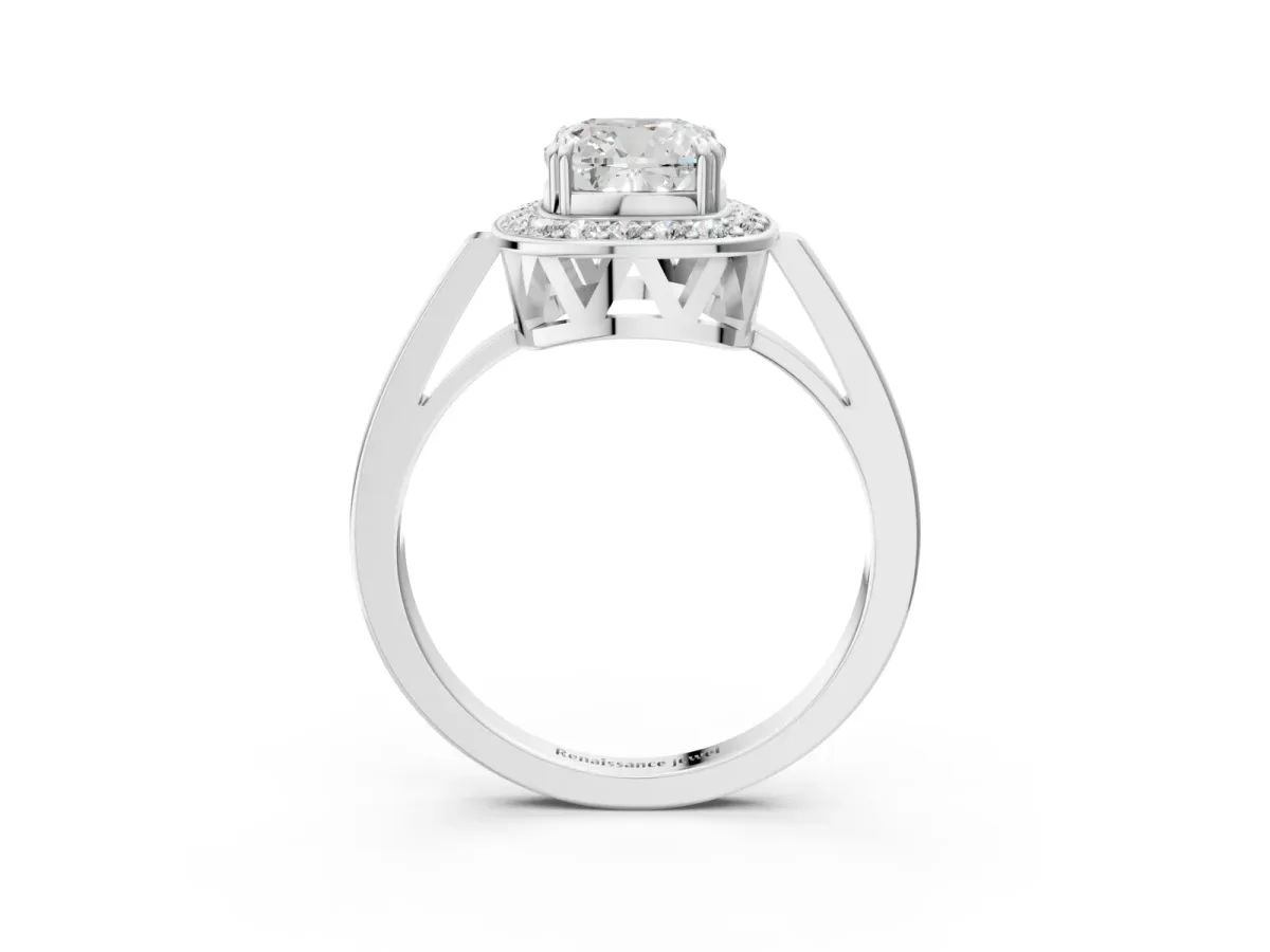 Cushion Cut Diamond Halo Ring with Split Shank and Four-Prong Setting White gold