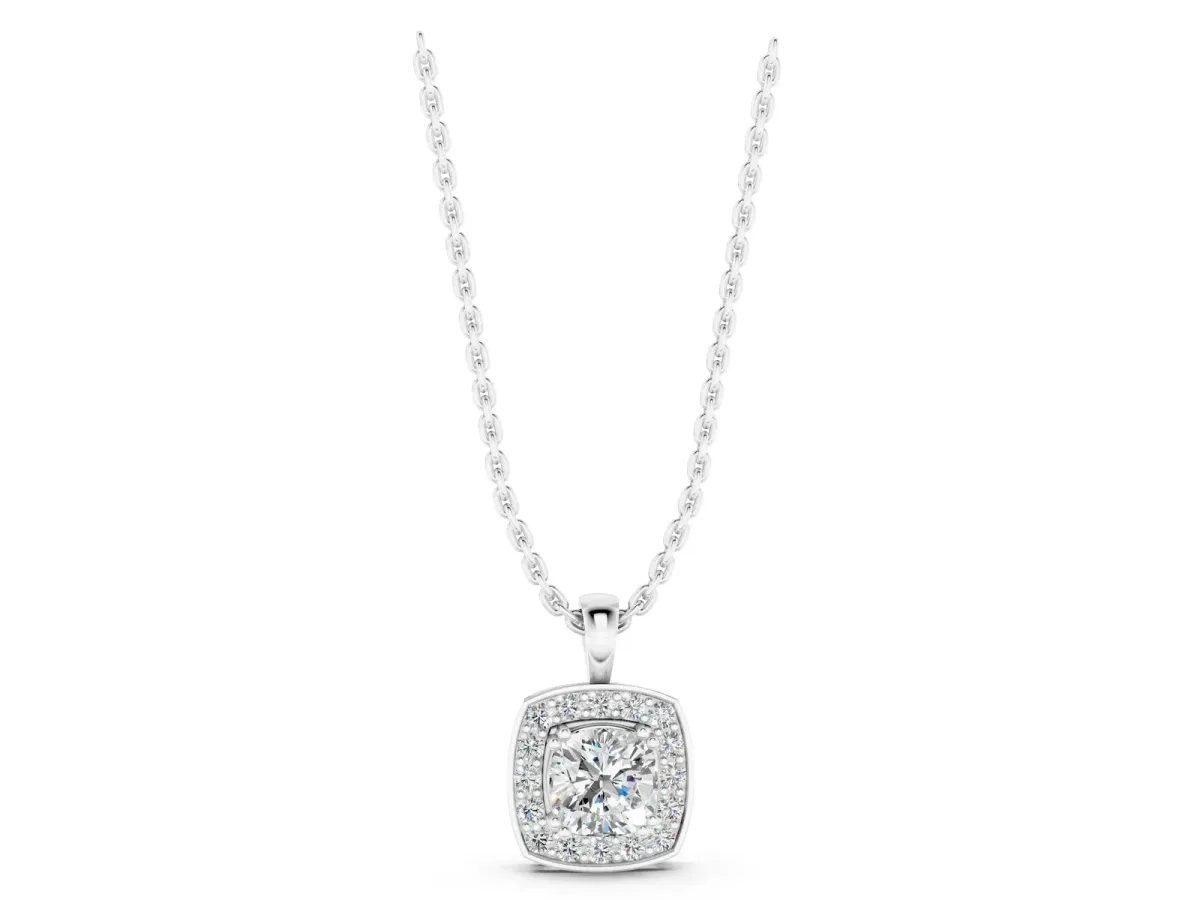 Cushion Halo Pendant with Round Diamond and Four-Prong Setting Silver