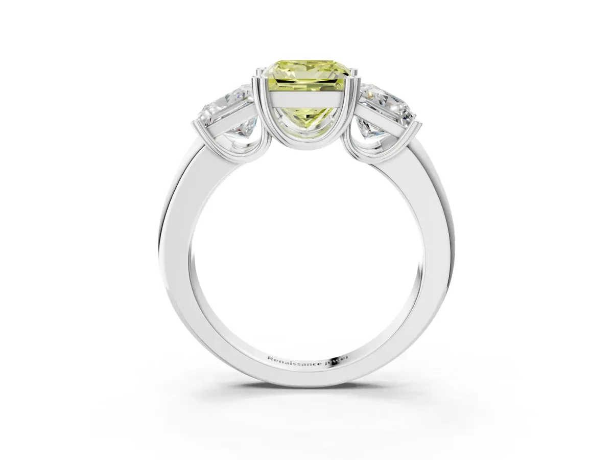 Fancy Yellow Three-Stone Princess Cut Cut Diamond Ring with Channel Set Band and Four-Prong Setting Silver