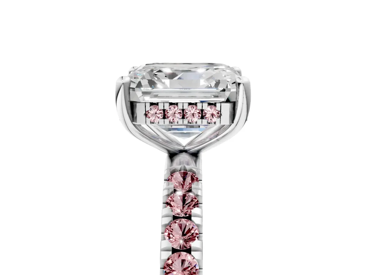 Asscher Cut Diamond Pave Band Solitaire Ring with Round Morganite and Prong Setting Silver