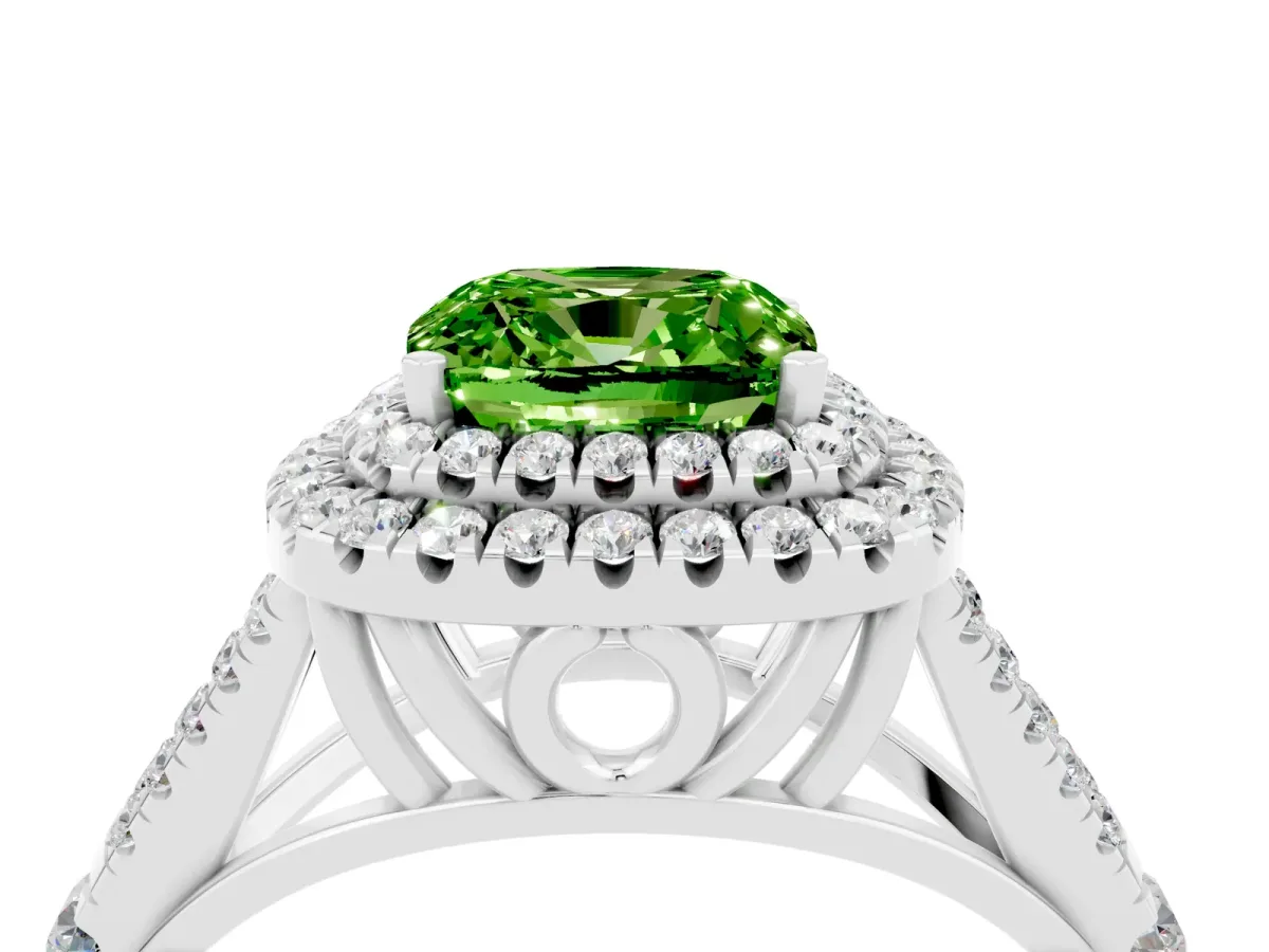 Double Halo Cushion Cut Peridot Split Shank Engagement Ring with Four-Prong Setting White gold