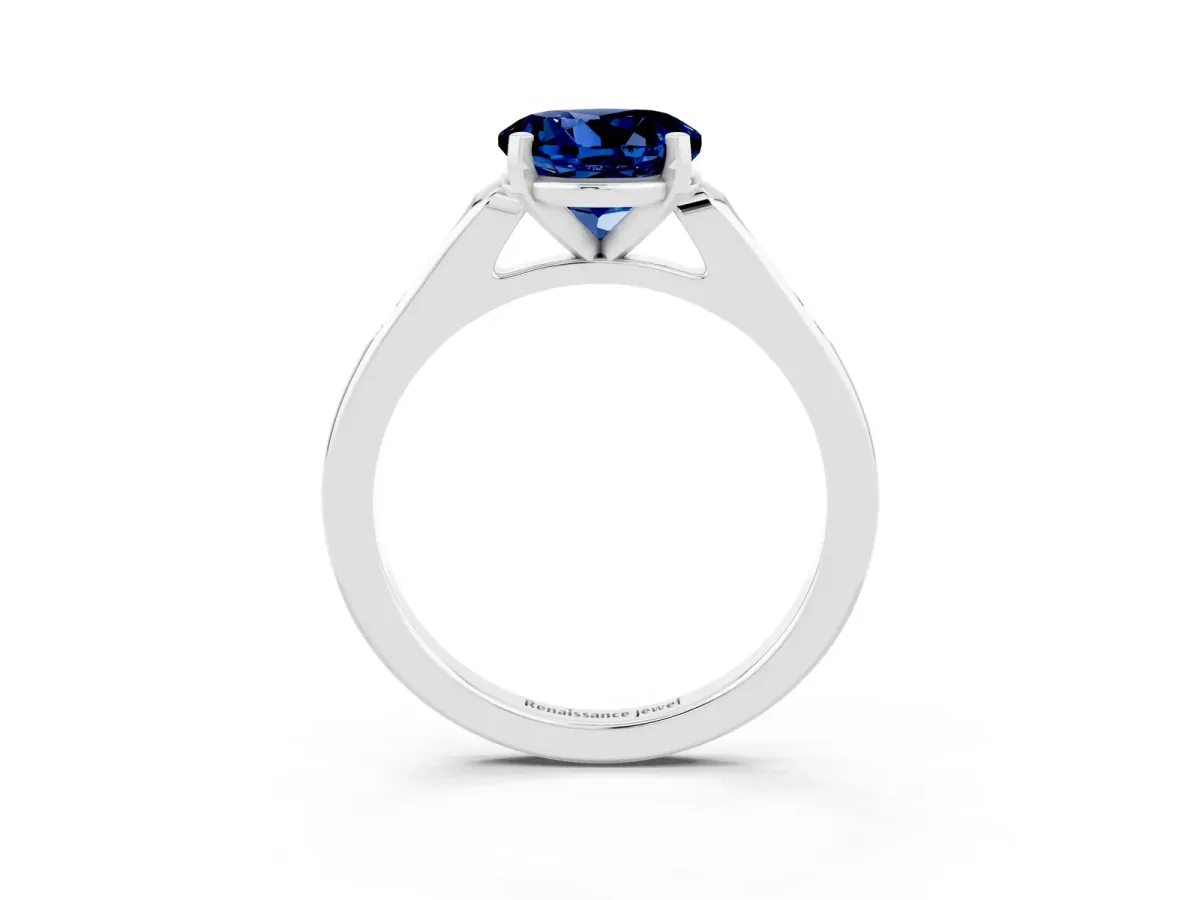 Round Cut Blue Sapphire Solitaire Ring with Channel Set Round Band and Prong Setting Silver
