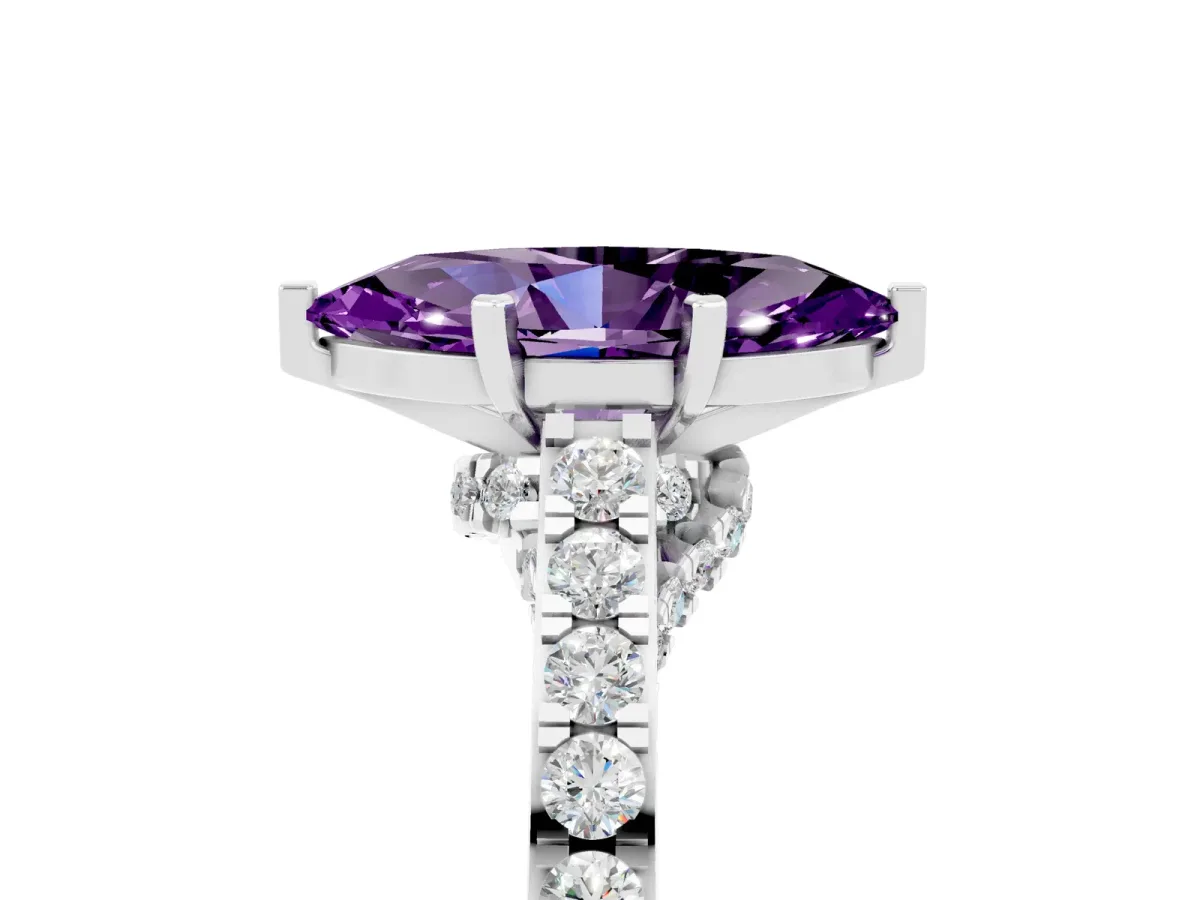 Marquise Cut Amethyst Solitaire Ring with Crossover Gallery and Round Pavé Band Silver