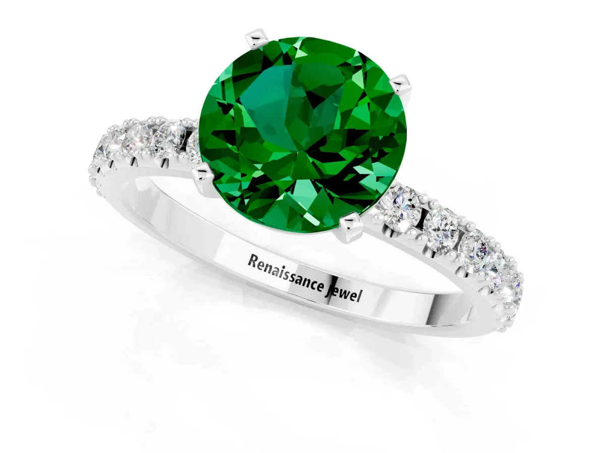 Round Cut Emerald Solitaire Pavé Band with Four-Prong Setting White gold