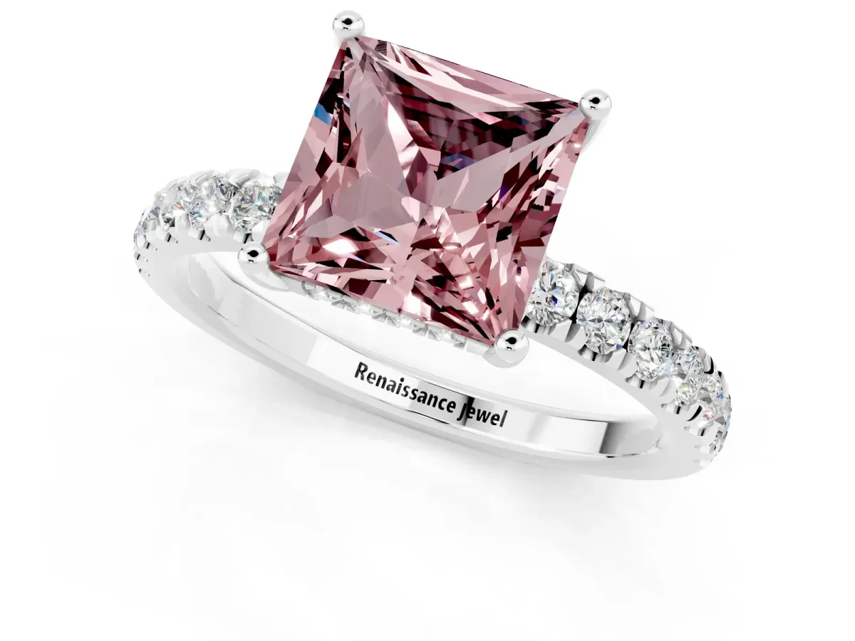 Princess Cut Morganite Pave Band Solitaire Ring with Round and Prong Setting Platinum