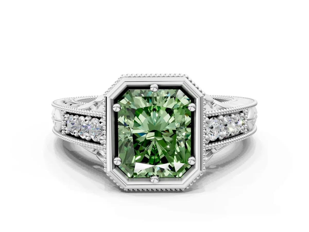 Fancy Green Bezel Set Radiant Cut Diamond Milgrain Pave Engagement Ring Platinum
