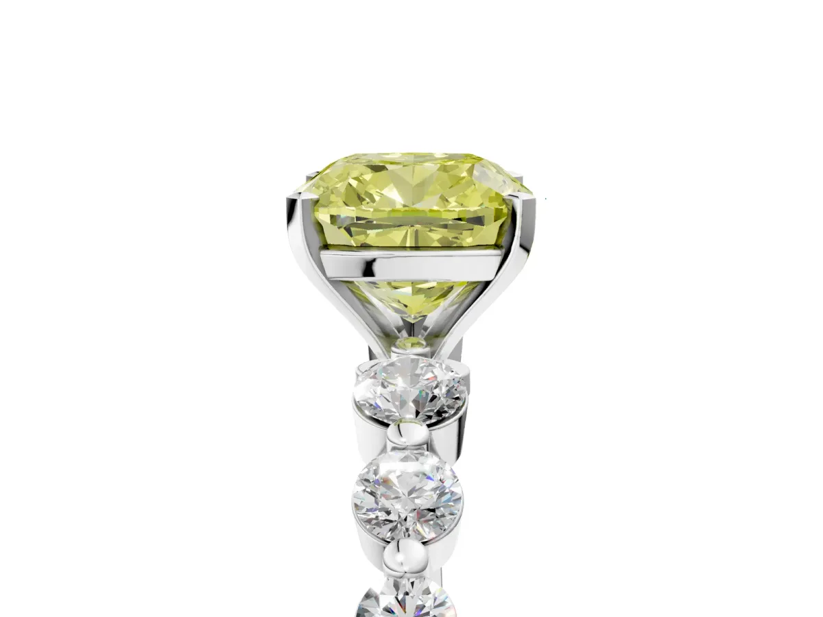 Fancy Yellow Cushion Cut Solitaire Diamond Ring with Pave Band and Four-Prong Setting Silver