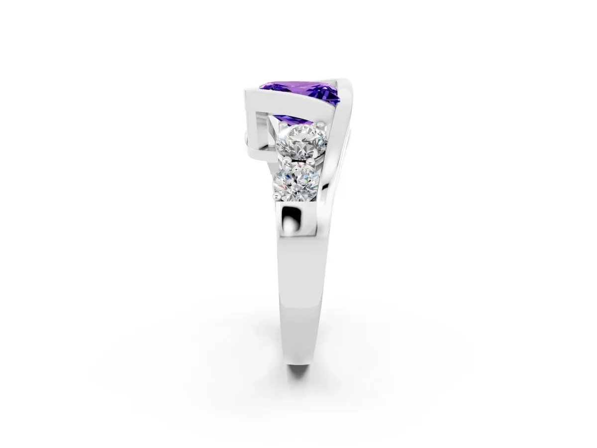 Bezel Set Princess Cut Tanzanite Bypass Ring with Round Accents Platinum
