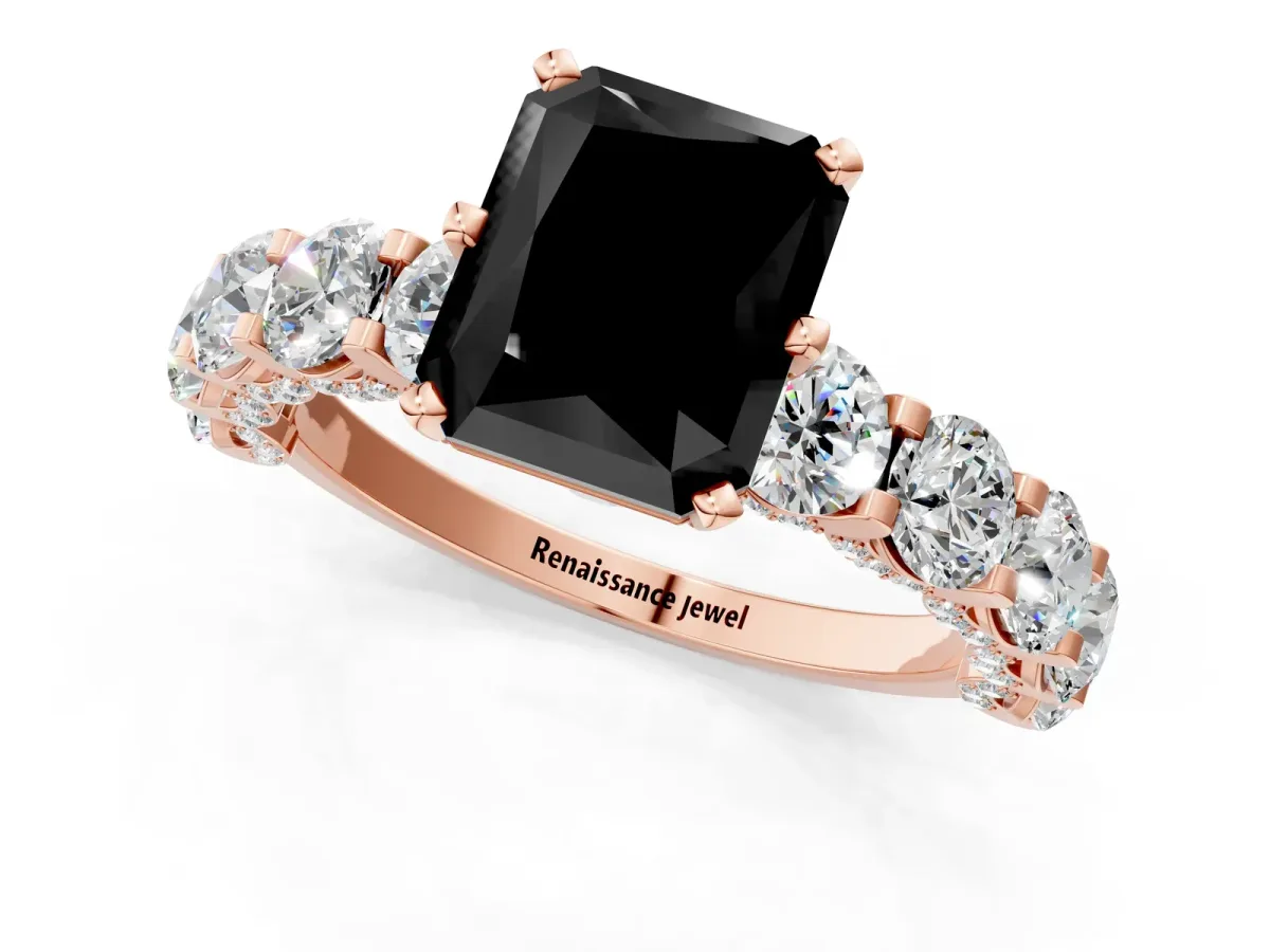 Fancy Black Radiant Cut Diamond Side Stone Engagement Ring with Four-Prong Setting Rose gold
