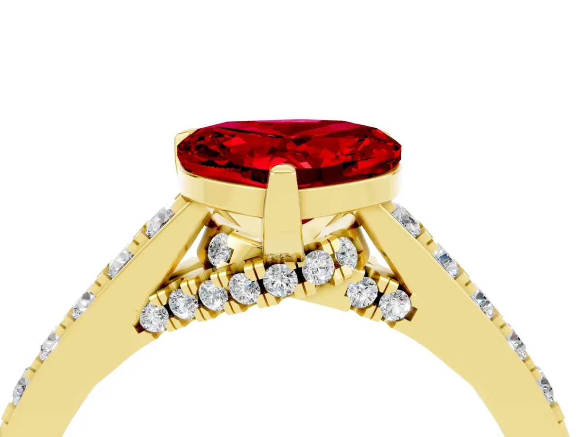 Heart Cut Ruby Solitaire Ring with Crossover Gallery and Round Pavé Band Yellow gold