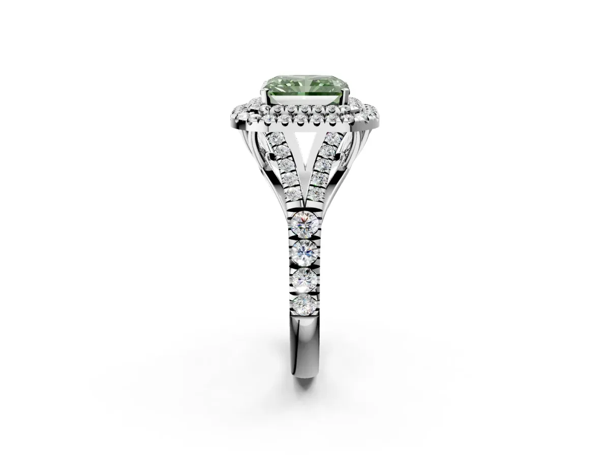 Fancy Green Radiant Cut Diamond Pavé Split Shank Double Halo Engagement Ring Platinum