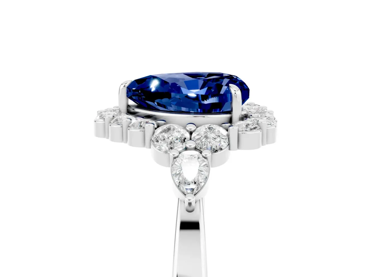 Heart Cut Blue Sapphire Halo Ring with Pear Side Stones and Prong Setting Silver