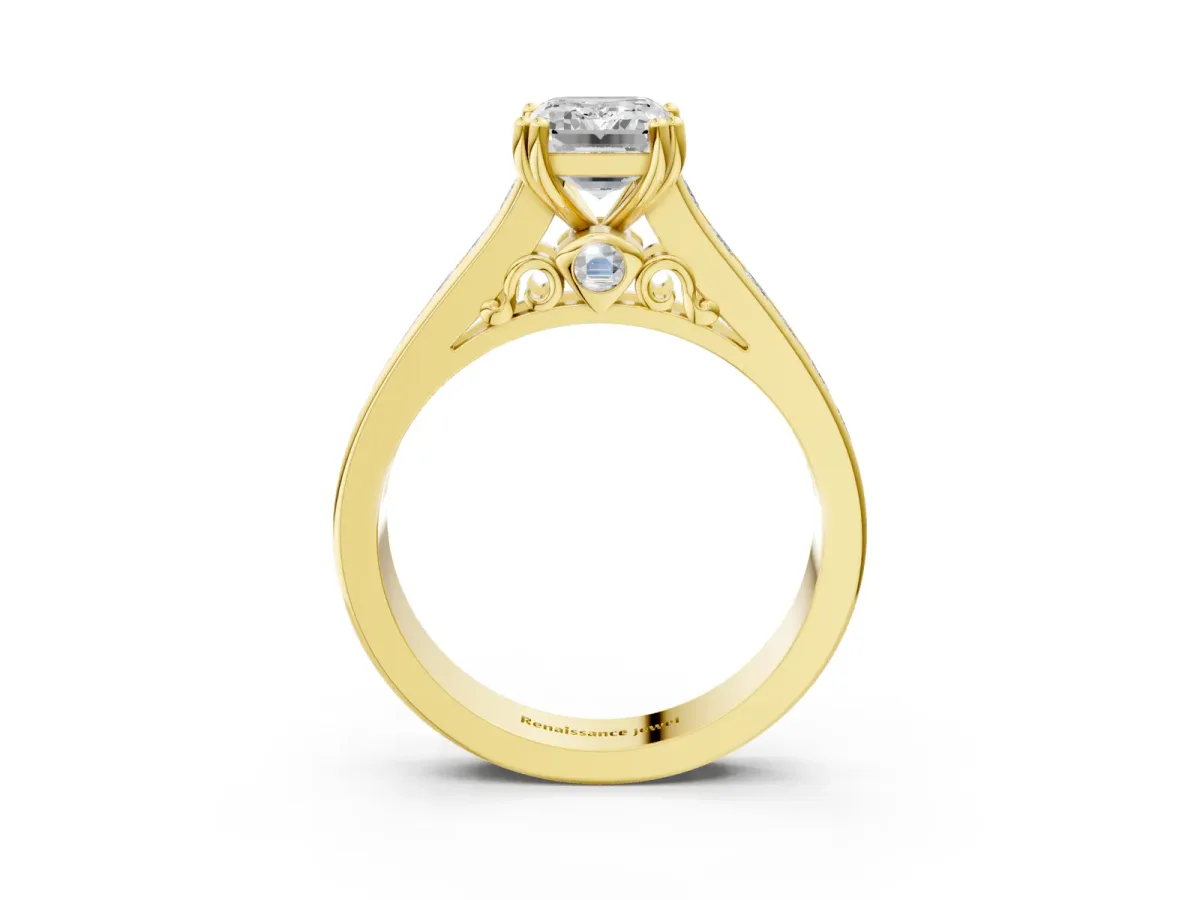 Emerald Cut Cut Channel Set Solitaire Engagement Ring with Prong Setting Yellow gold
