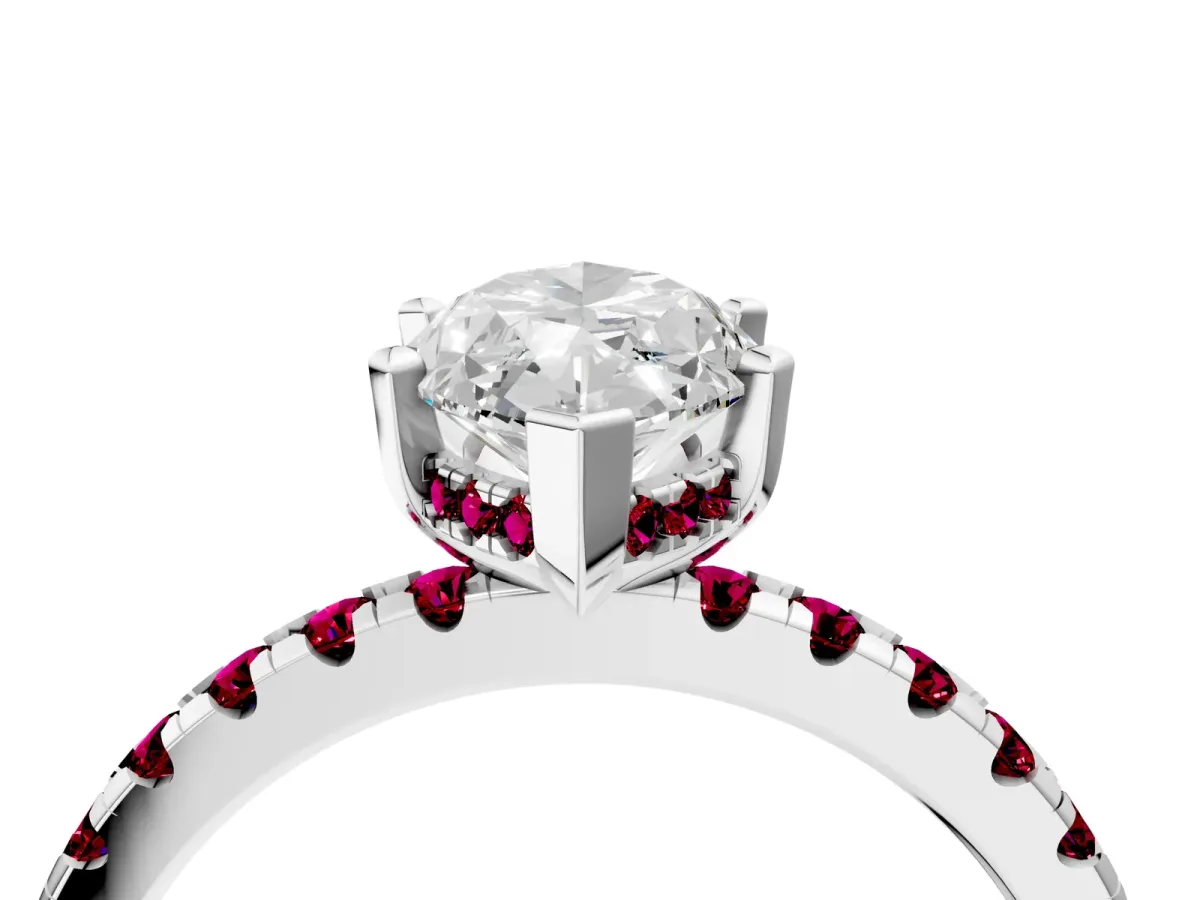 Marquise Cut Diamond Solitaire Ring with Round Garnet Pavé Band and Four-Prong Setting Silver