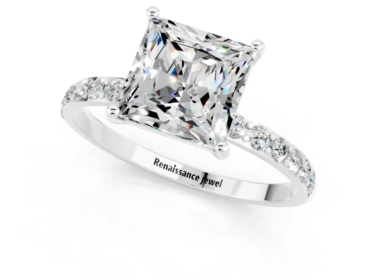 Princess Cut Moissanite Solitaire Ring with Round Pavé Band and Prong Setting Silver