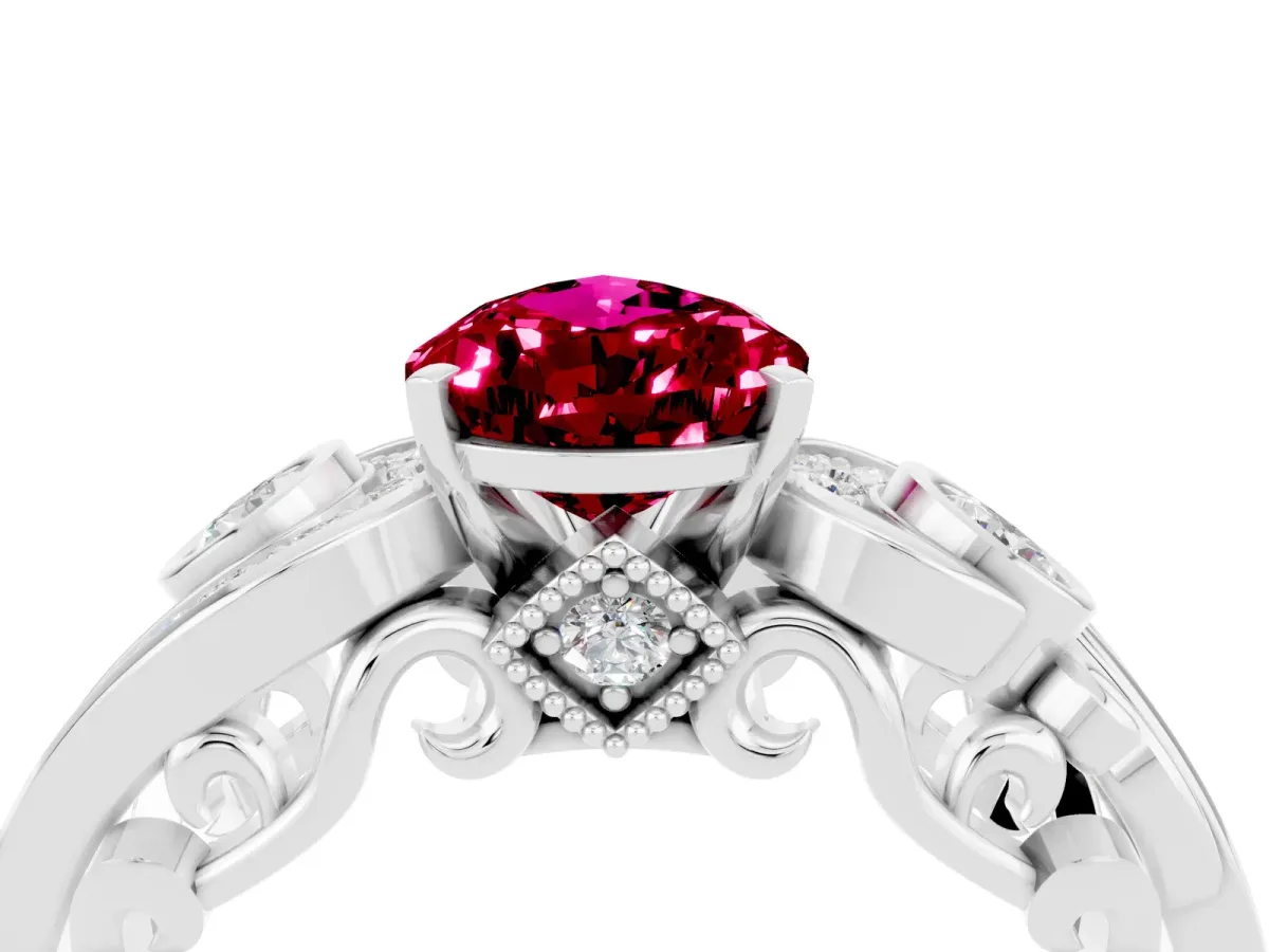 Pear Cut Garnet Solitaire Ring with Milgrain Pavé Band and Four-Prong Setting Silver