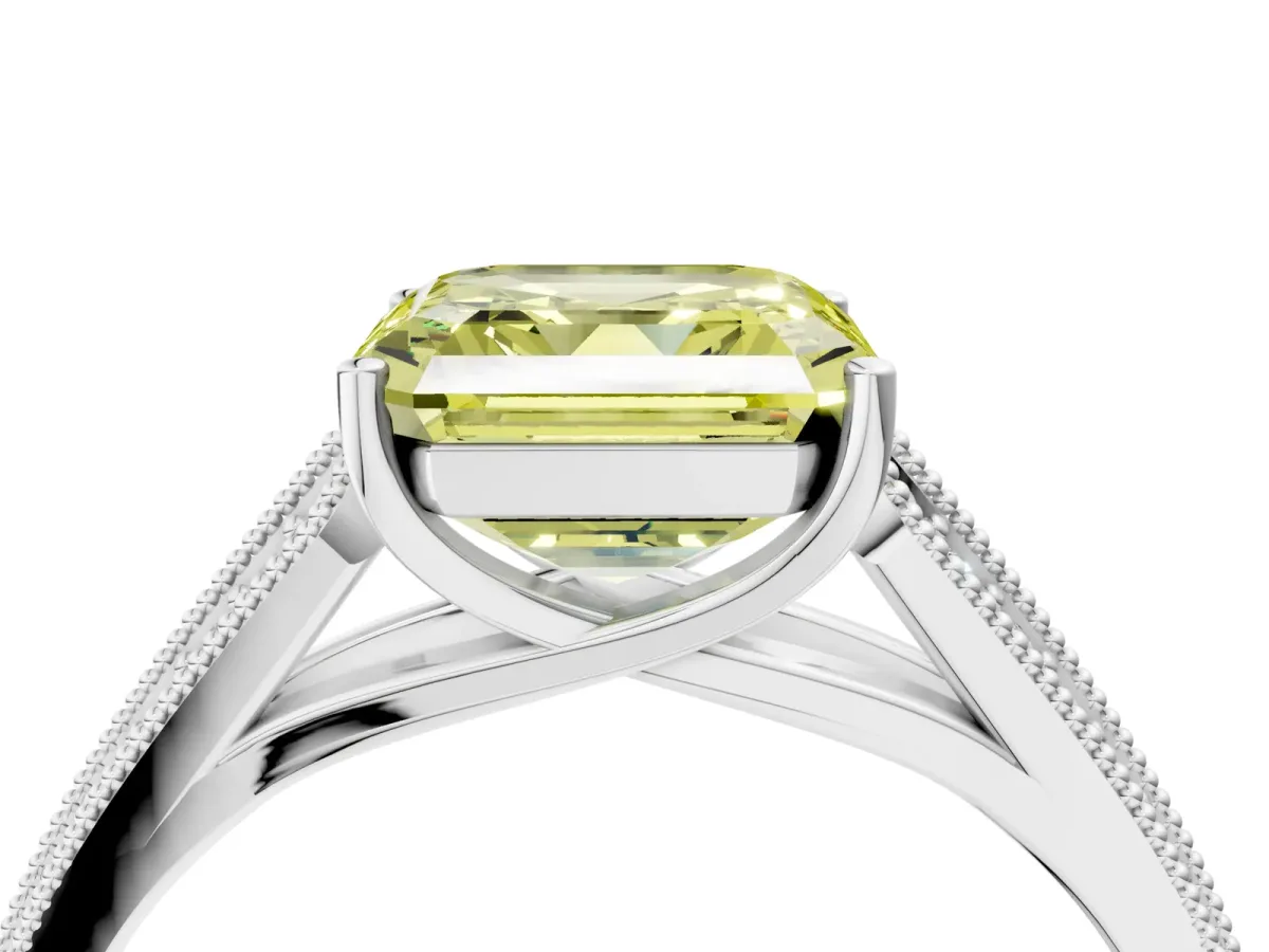 Fancy Yellow Asscher Cut Cut Pave Split Shank Engagement Ring with Four-Prong Setting Platinum