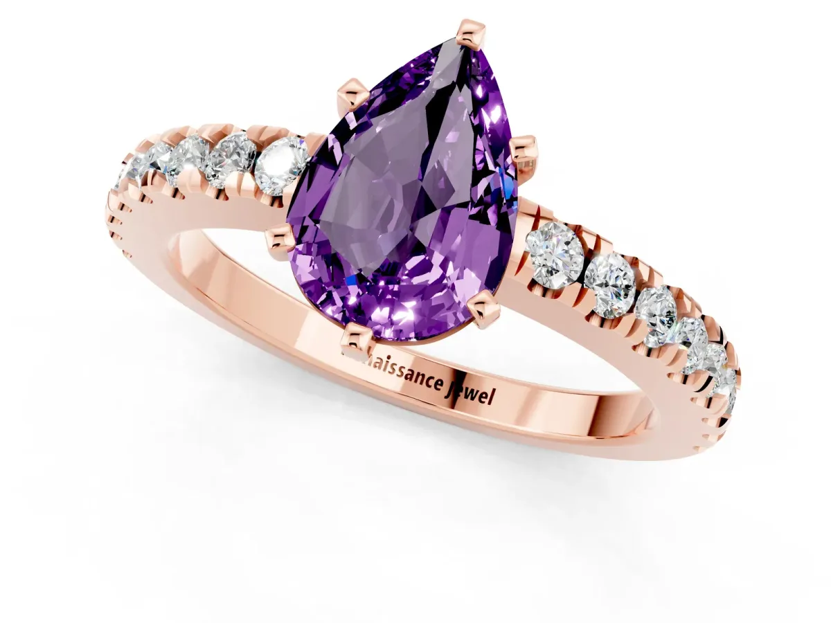 Pear Cut Solitaire Amethyst with Pavé Band and Four-Prong Setting Rose gold
