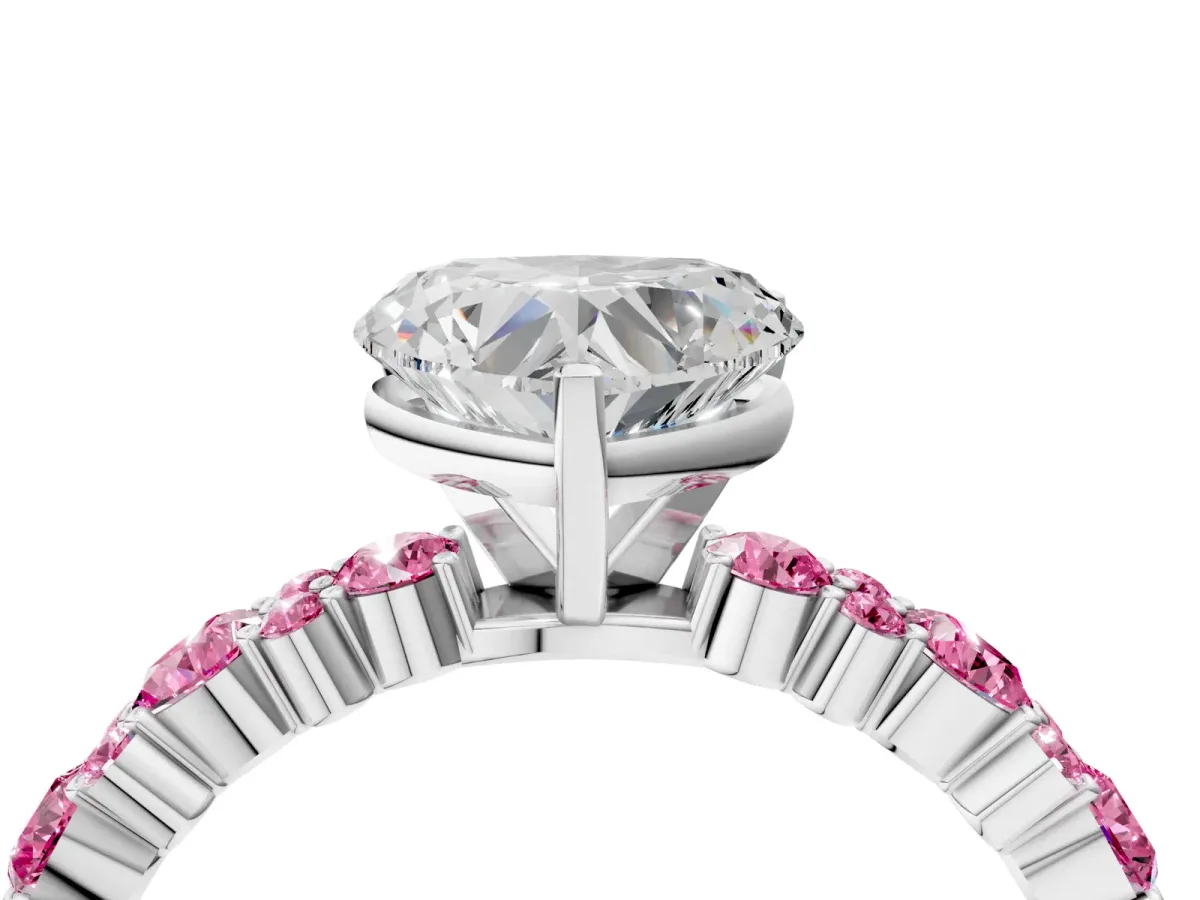 Heart Cut Diamond Side Stone Solitaire Ring with Round Pink Sapphire and Four-Prong Setting Silver
