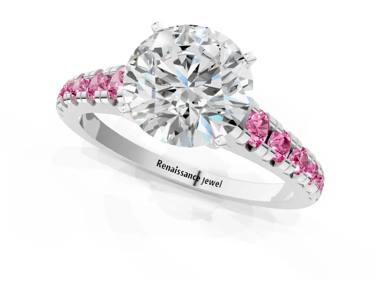 Round Cut Diamond Cathedral Solitaire Ring with Round Pink Sapphire Pavé Band Silver