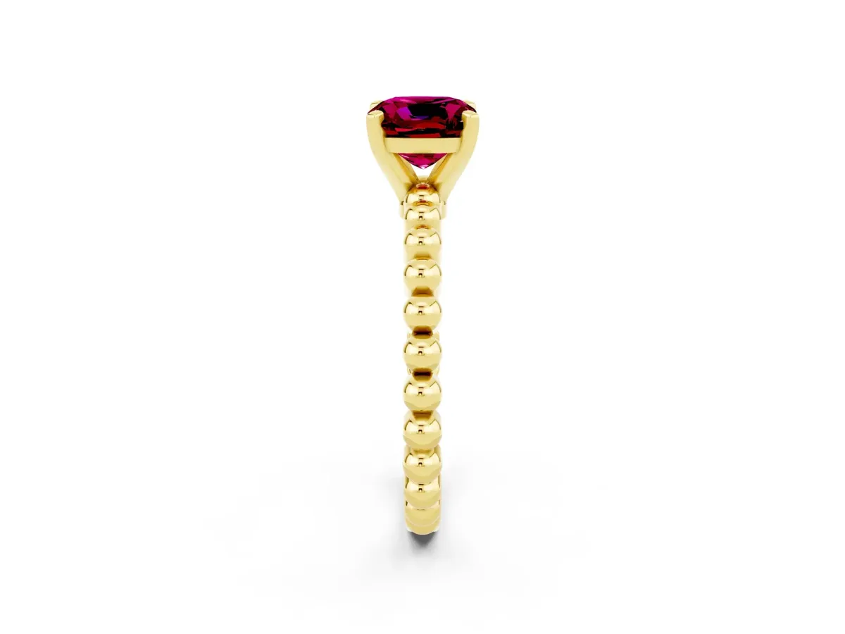 Cushion Cut Garnet Solitaire Ring with Beaded Band and Prong Setting Yellow gold