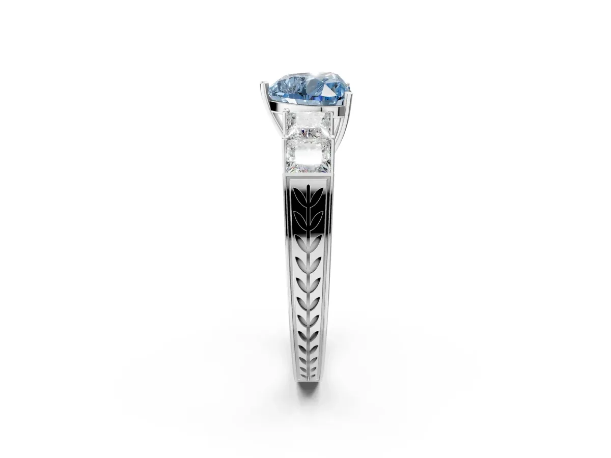 Fancy Blue Heart Cut Solitaire Princess Side Stone Engraved Band Prong Setting Ring Platinum