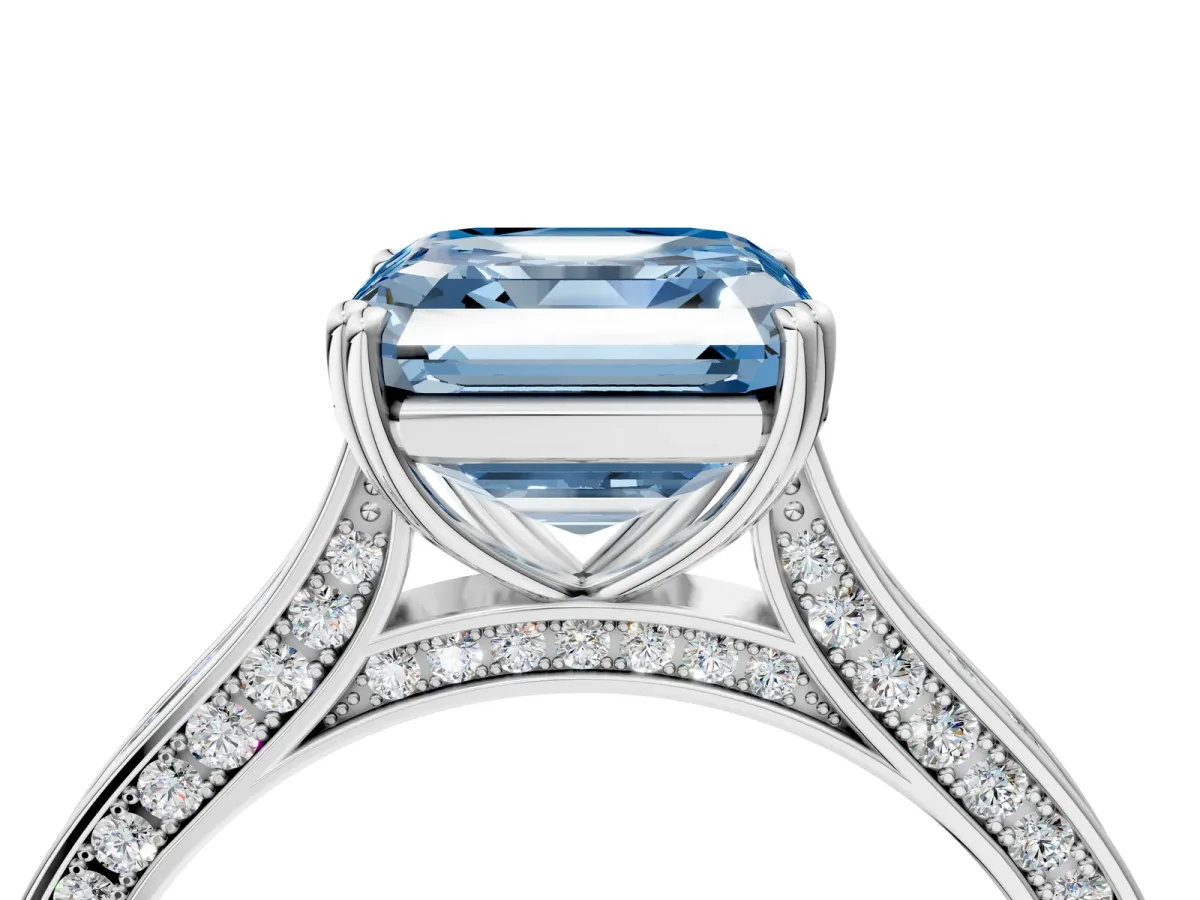 Fancy Blue Asscher Cut Diamond Solitaire with Pave Band and Six-Prong Setting Platinum