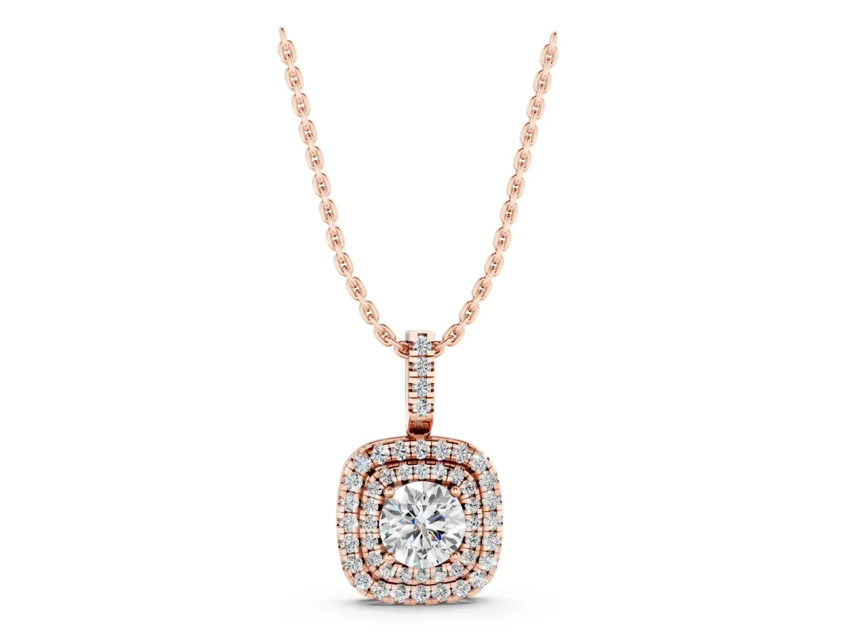 Double Halo Round Diamond Pendant with Pavé Setting and Prong Setting Rose gold