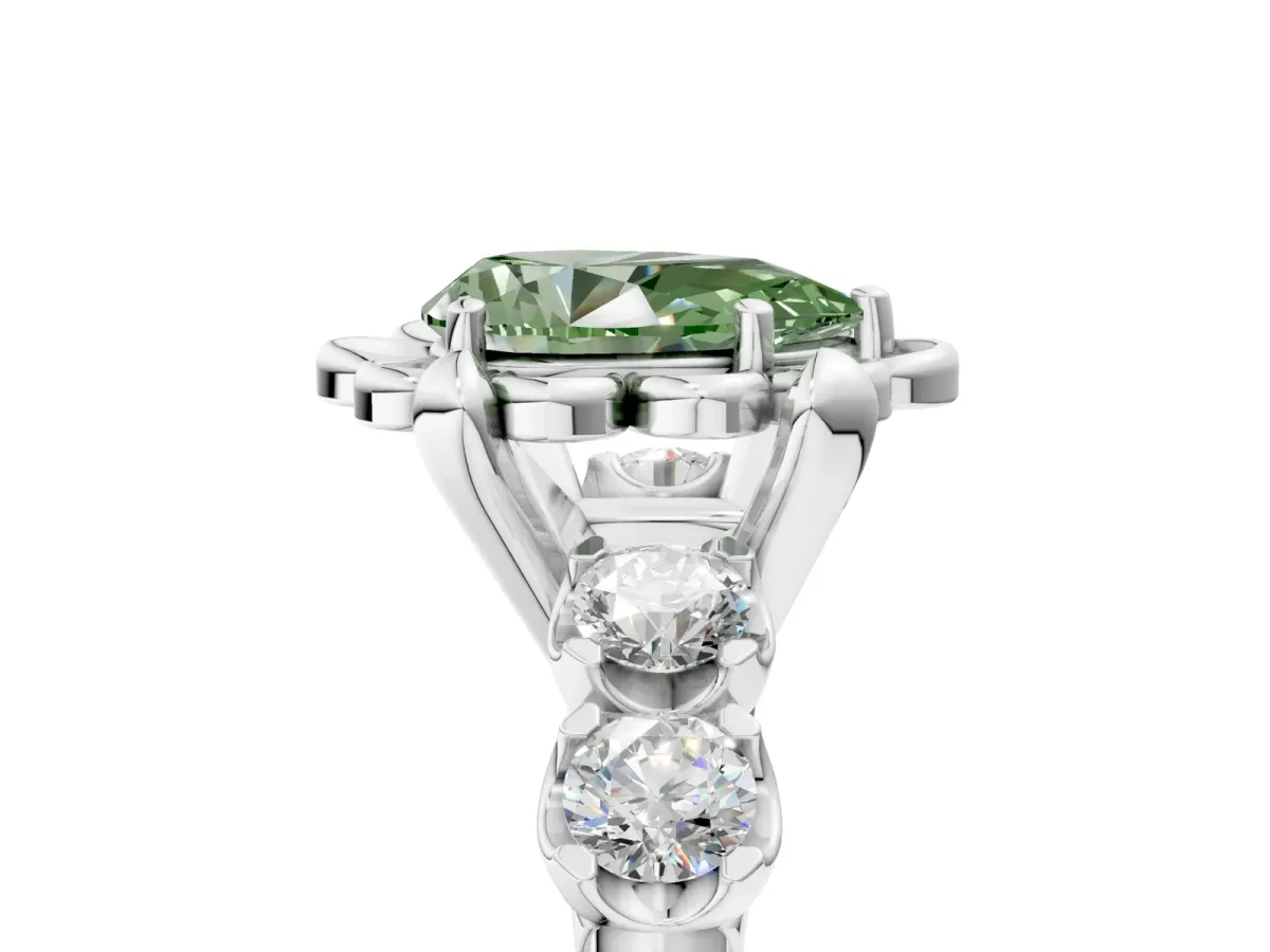 Fancy Green Pear Cut Cut Diamond Floral Halo Engagement Ring with Shared Prong Setting Silver