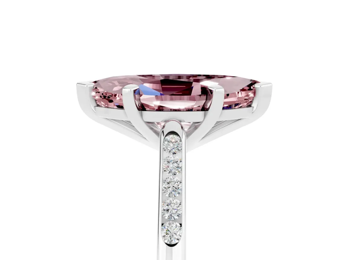Marquise Cut Morganite Solitaire Ring with Channel Set Round Band and Prong Setting Silver