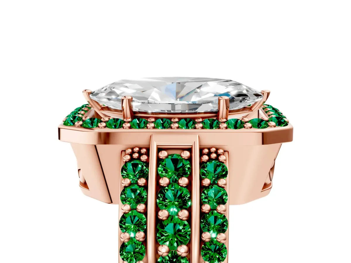 Marquise Cut Halo Diamond Ring with Round Emerald Split Shank and Prong Setting Rose gold