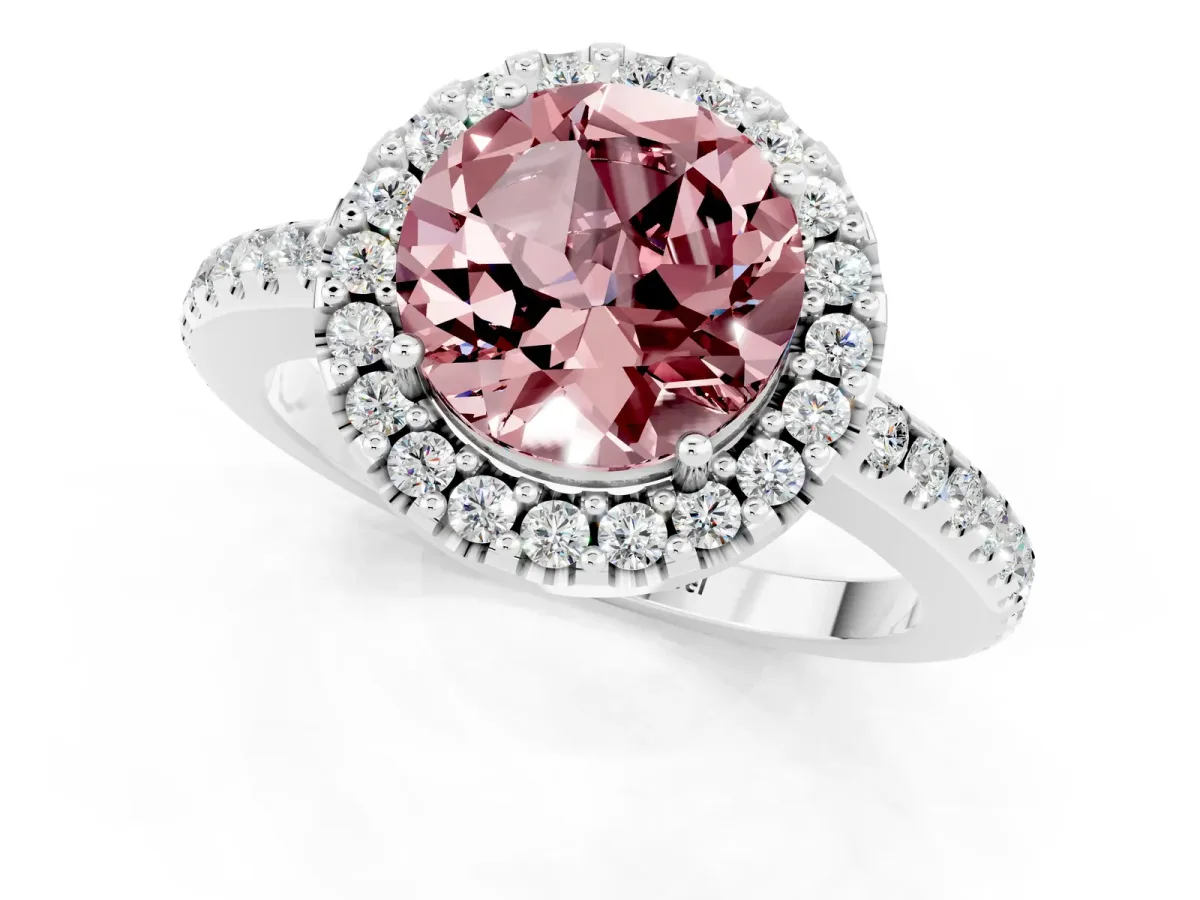 Round Cut Morganite Pavé Halo Ring with Four-Prong Setting Platinum